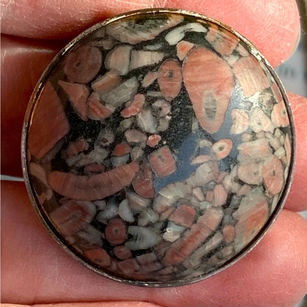 Vintage Sterling Silver Bezeled Rhodonite Cabochon Brooch